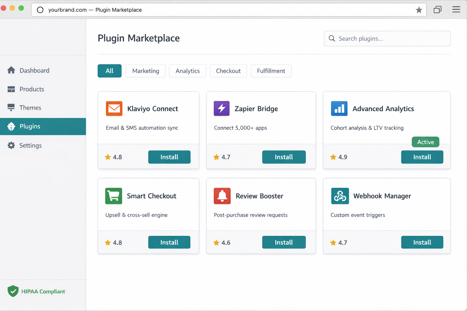 Preview of the coming plugin marketplace with vetted extensions for reviews, loyalty programs, and advanced analytics